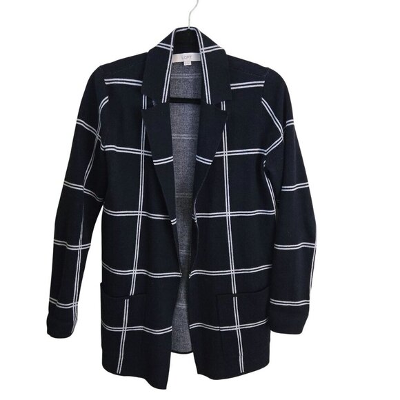 Loft Navy Windowpane Relaxed Sweater Blazer Open Front Pockets Sustainable S - Picture 2 of 7